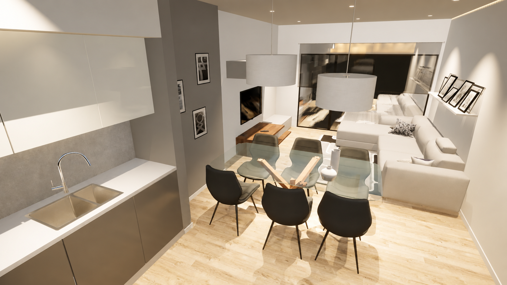Sala Minimalista com Cozinha Integrada e Luz Quente Apartamento T2 em Mangualde